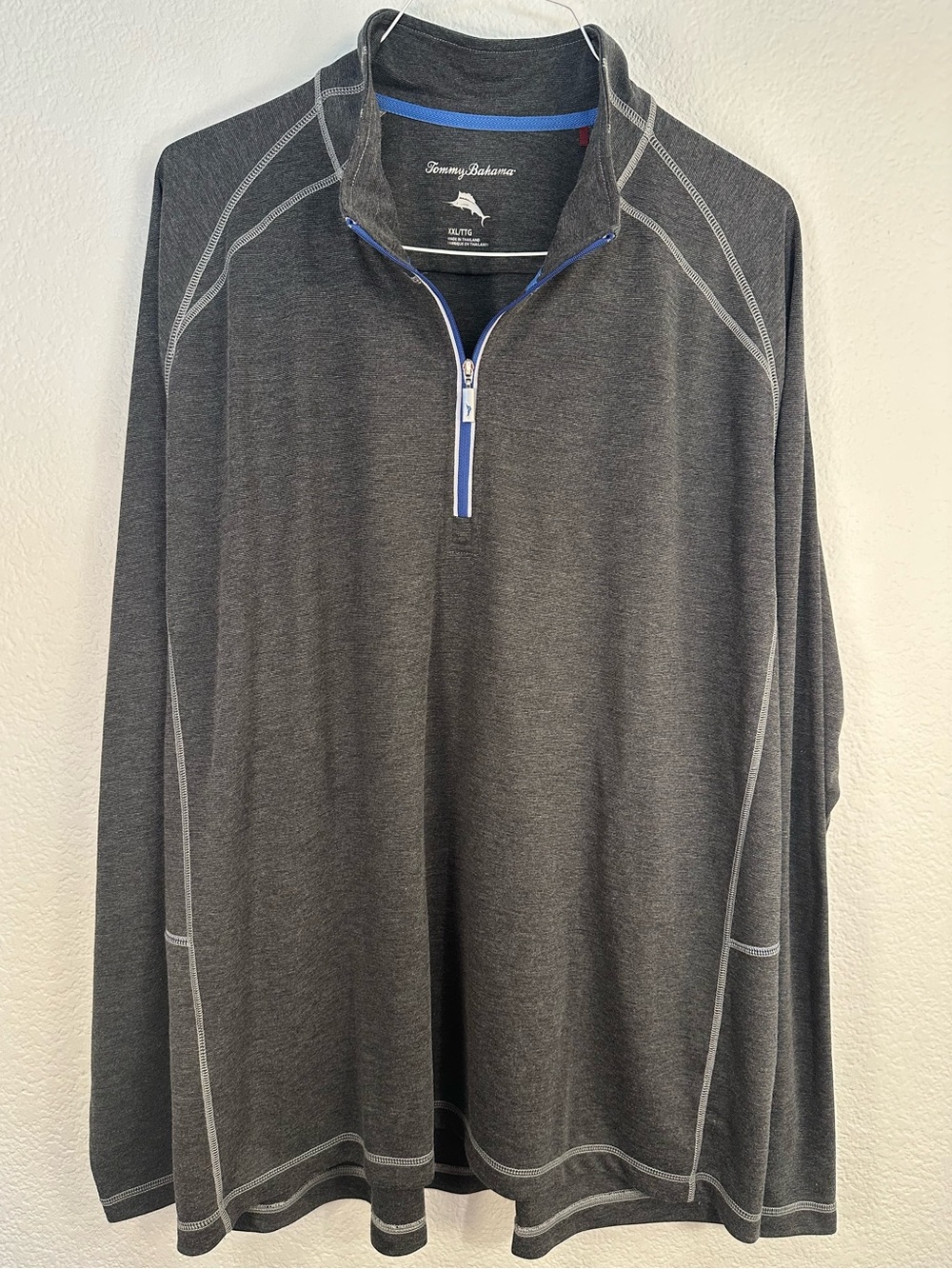 Tommy Bahama Men’s XXL Quarter Zip Pullover Long Sleeve Shirt Gray Blue Trim